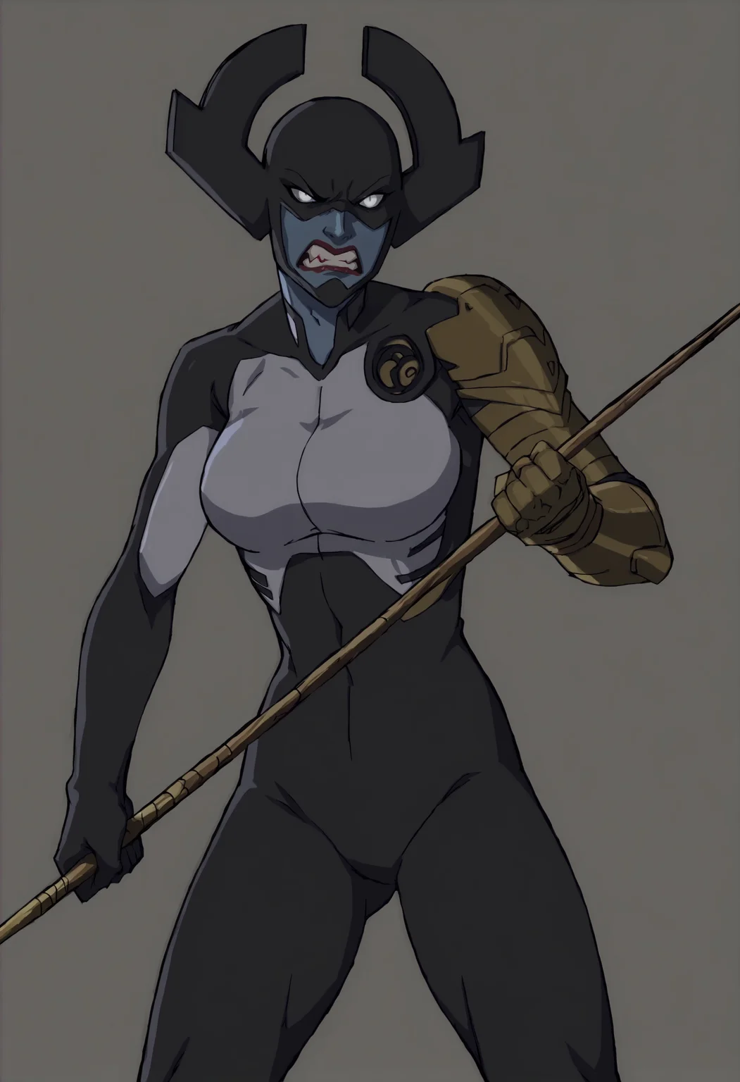 score_9, score_8_up, score_7_up, score_6_up, score_5_up, score_4_up, 1girl, <lora:ProximaMidnight:0.85> solo, large breasts, white eyes, colored skin, blue skin, mask, bodysuit, black bodysuit, red lipstick, standing, looking at viewer, holding spear, holding, clenched teeth,
(grey background), simple background,