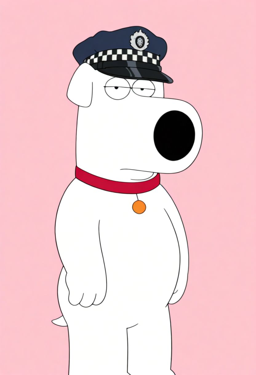 masterpiece,best quality,amazing quality,br1angf,domestic dog,small dog,red collar,gold dog tag,half-closed eyes,looking at viewer,pink background,simple background,<lora:BrianG:1>,<lora:chequered_police_helmet_UK_police_hat:0.9>,police hat,