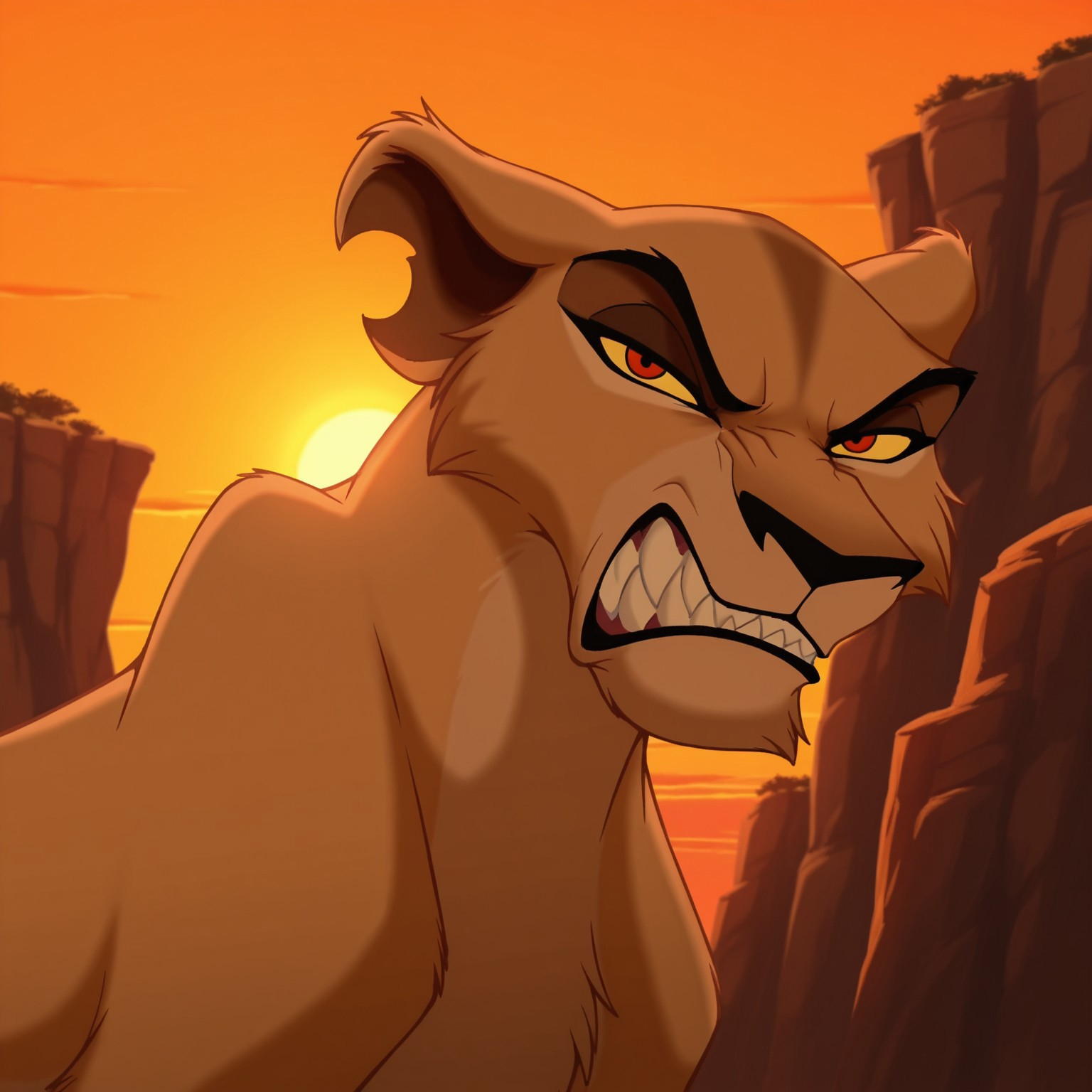 8k, uncensored, masterpiece, best quality, highly detailed, realistic, 1girl, solo, ZiraTKL, furry, feral, feline, pantherine, tan body, tan fur, yellow sclera, red eyes, black pupils, black nose, notched ear, brown tail tuft, medium tail, closed mouth, (looking at viewer, all fours, sunset, front view, detailed background, upper body, cliff, angry, clenched teeth, narrowed eyes, sharp teeth