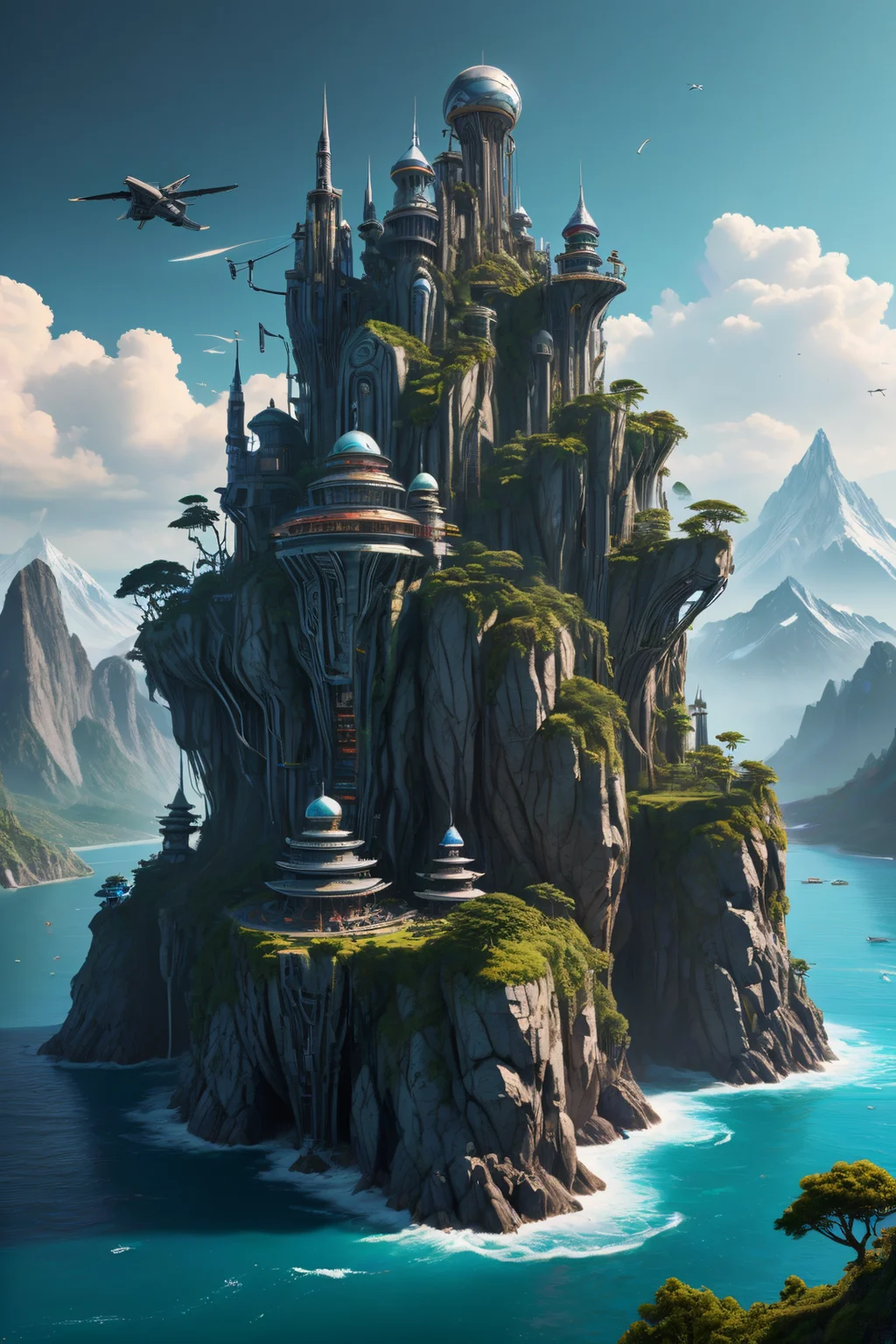 biomechanical style A miraculous mountainous island with a television. . blend of organic and mechanical elements, futuristic, cybernetic, detailed, intricate