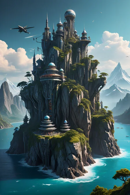 biomechanical style  A miraculous mountainous island with a television. . blend of organic and mechanical elements, futuristic, cybernetic, detailed, intricate