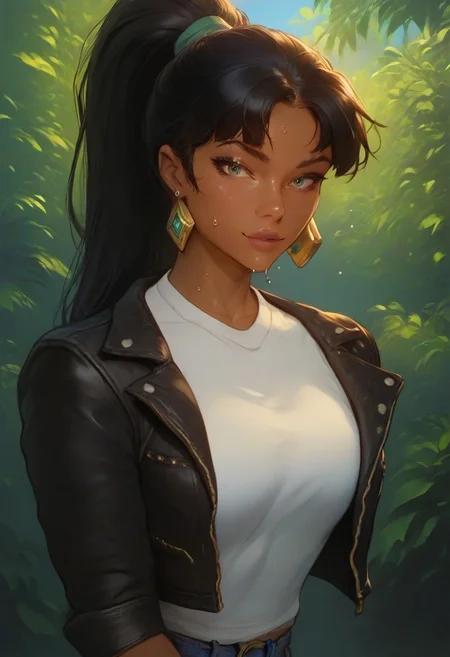 (score_9, score_8_up, score_7_up), score_6_up, best quality, masterpiece, extreme detail, perfect lighting, 4k, 2d, rating_explicit, nsfw, very detailed, best quality, highly detailed texture, depth of field, masterpiece, BREAK, 1girl, ChelXLP, chel, majestic,beautiful bright pupils, black hair, ((ponytail)),green earrings, 
cute face, (gorgeous face:1.3), (skin detail:1.3), (shadows:1.3), (sweat drops, sweat, steamy, oily, shiny:1.3),  
 (((sexy short-sleeves white top, denim trousers, black jacket))),
 looking at the viewer, detailed, intricate details, realistic,((( top view))),
tan skin,cowboy shot,csr style,g4n1m3