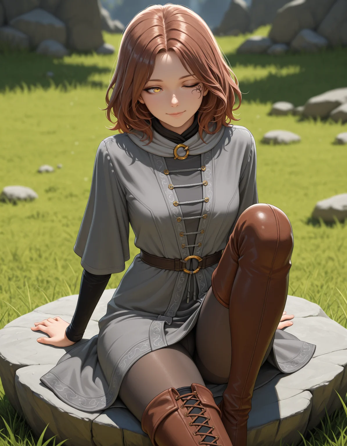 <lora:Melina - Elden Ring (NoobAI):1>
1girl, solo,
m3lina, facial tattoo, brown hair, medium hair, one eye closed, yellow eyes, one-eyed,
grey dress, pantyhose, thigh boots, 
sitting, knee up, arm behind, arm support, 
light smile, 
outdoors, grass, rock, depth of field, blurry background,, masterpiece, best quality, amazing quality,