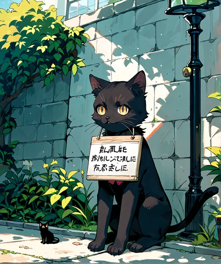 score_9,score_8_up,score_7_up,score_6_up,score_5_up,score_4_up,source_anime,best quality,masterpiece,
<lora:pet_shaming_pony_v1:1>,hansei_b,sitting,seiza,sign,
no humans,black cat,sitting,outdoors,