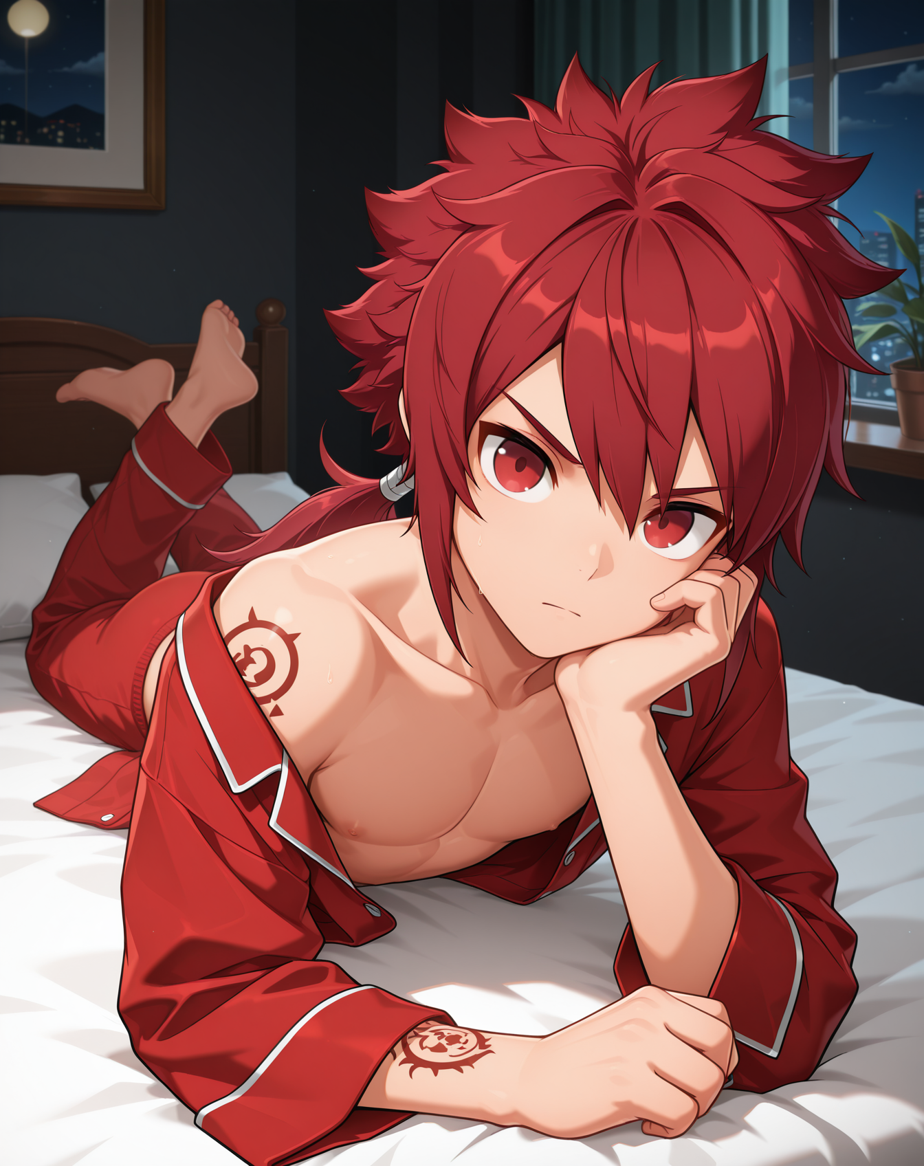 masterpiece,best quality,amazing quality, newest, very aesthetic, absurdres,
1boy, solo, yaoi, male focus, looking at viewer, full body, face focus, lying, on bed,
<lora:Elsword_Rune_Slayer_ilxl:1> elswordrs, red hair, red eyes, arm tattoo, spiked hair, ponytail, long hair,
pajamas, open clothes,
indoors, night, dark room, bedroom,