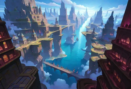 masterpiece, best quality, good quality, very awa, very aesthetic, absurdres, newest, Huge walls, bustling city, oceanside cliffs, walls, city, airship, flying, cloud, fantasy, high fantasy, arcane, slightly magic, landscape, outdoors, scenery, stone walls, ocean, no river, Wide Shot, view from afar, view from slightly above, ultra detailed, very detailed