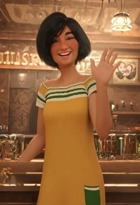 mariolina_yellow_rtzbb, 1girl, tanned skin, short black hair, thick eyebrows, dark green eyes, freckles, small yellow dress with with green and white strides (green pocket on the right bottom side of her dress), short sleeves, long white socks, red sneakers with white laces, score_9_up, score_8_up, score_7_up, looking at viewer, smiling, waving at viewer, female focus, bar, detailed background, masterpiece, best quality, 8k, Expressiveh, realistic, 3d, portrait, cowboy shot,