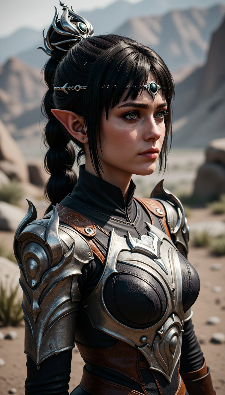 A female character rendered in a Byzantine Art art style. A full body view of this highly detailed young woman with fantasy aesthetic. Meticulous attention to textures and lighting. subject has fair, smooth complexion hint freckles, pointy ears, large, expressive jade eyes. Her dark brown hair styled high ponytail thick braid, adorned silver crown-like headpiece that features intricate, ornate designs. crown focal point, adding regal otherworldly touch her appearance.
The woman is doing a Giving a presentation activity in a robotic wasteland location.
She wears dark, high-necked garment metallic, shoulder armor slightly worn, weathered look, suggesting character history adventure or battle. intricately sharp, angular edges rivets, giving it rugged yet elegant appearance. enhancing three-dimensional effect. blend realism, capturing both delicate beauty warrior spirit subject.