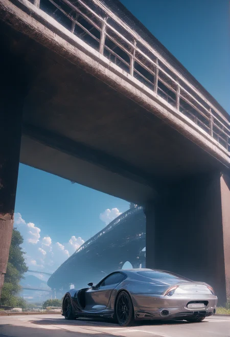masterpiece,high score,great score,absurdres, a silver car parked in front of a bridge at night with a bright light on it's side [19],, a 3D render,<lora:Beeple-Cyberpunk:1>,Beeple (artist, beeple),fantasy art [12], .