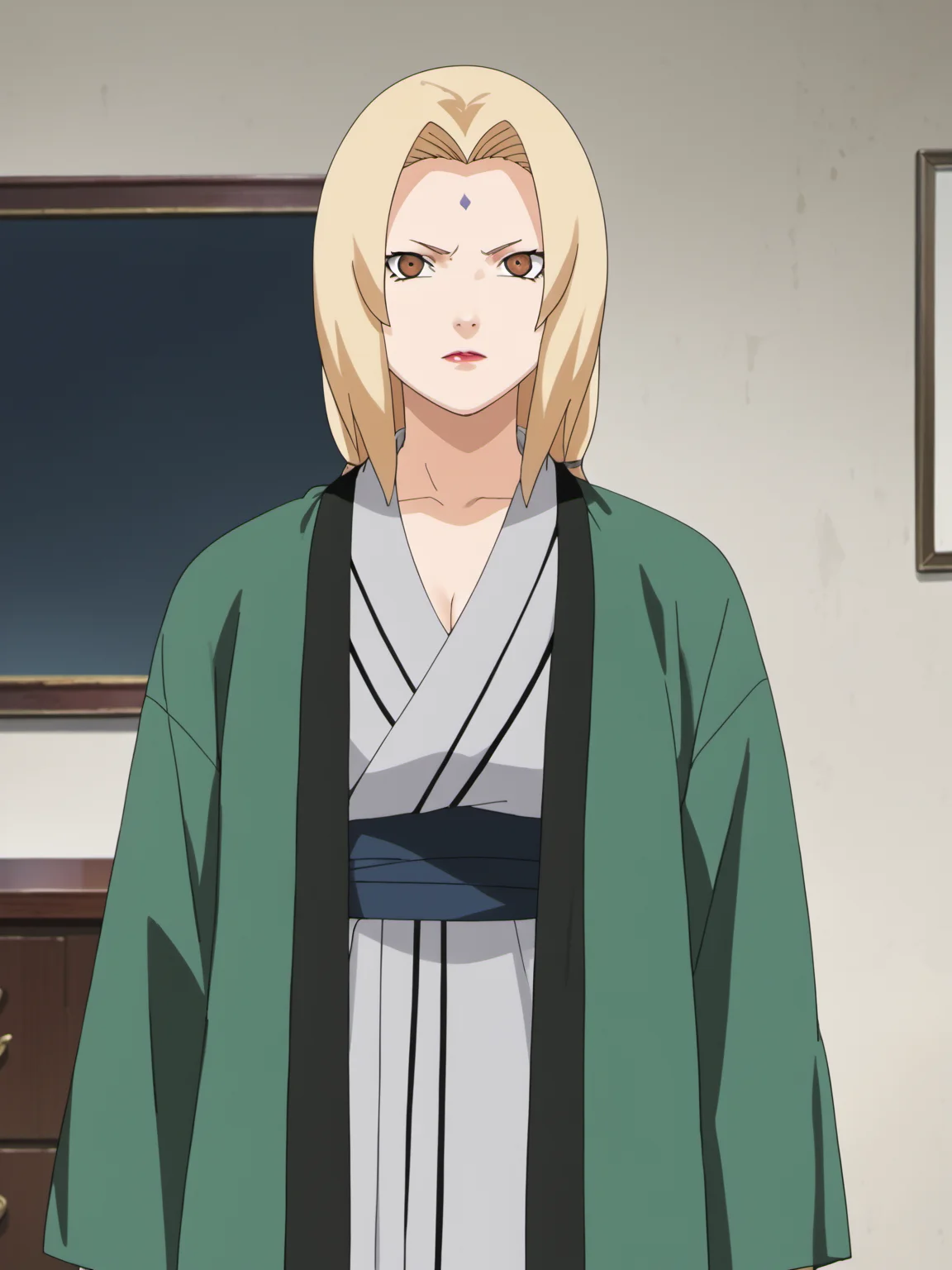 naruto style, hard shadows, anime_screencap, anime_core, score_9, score_8_up, score_7_up, solo, <lora:tsunade_train_v5:0.9>, tsunade,brown eyes,uper body,sunade's green Jacket \(outfit\), red nails,indoors, looking at viewer, front view
