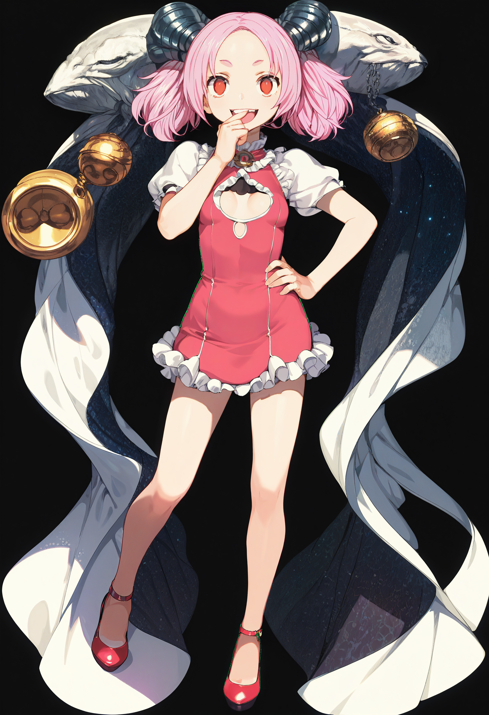 score_9,score_8_up,score_7_up,score_6_up,source_anime,<lora:Cool_Rance_Hadrian:1>,solo,1girl,full body,bangs pinned back,forehead,blonde hair,looking at viewer,pose,standing,laughing,hand over own mouth,hand on own hip,short twintails,curly hair,long hair,pink hair ornament,red eyes,small breasts,wide hips,red dress,long frills dress,chest cutout,leg up,high heels,simple background,black background,
