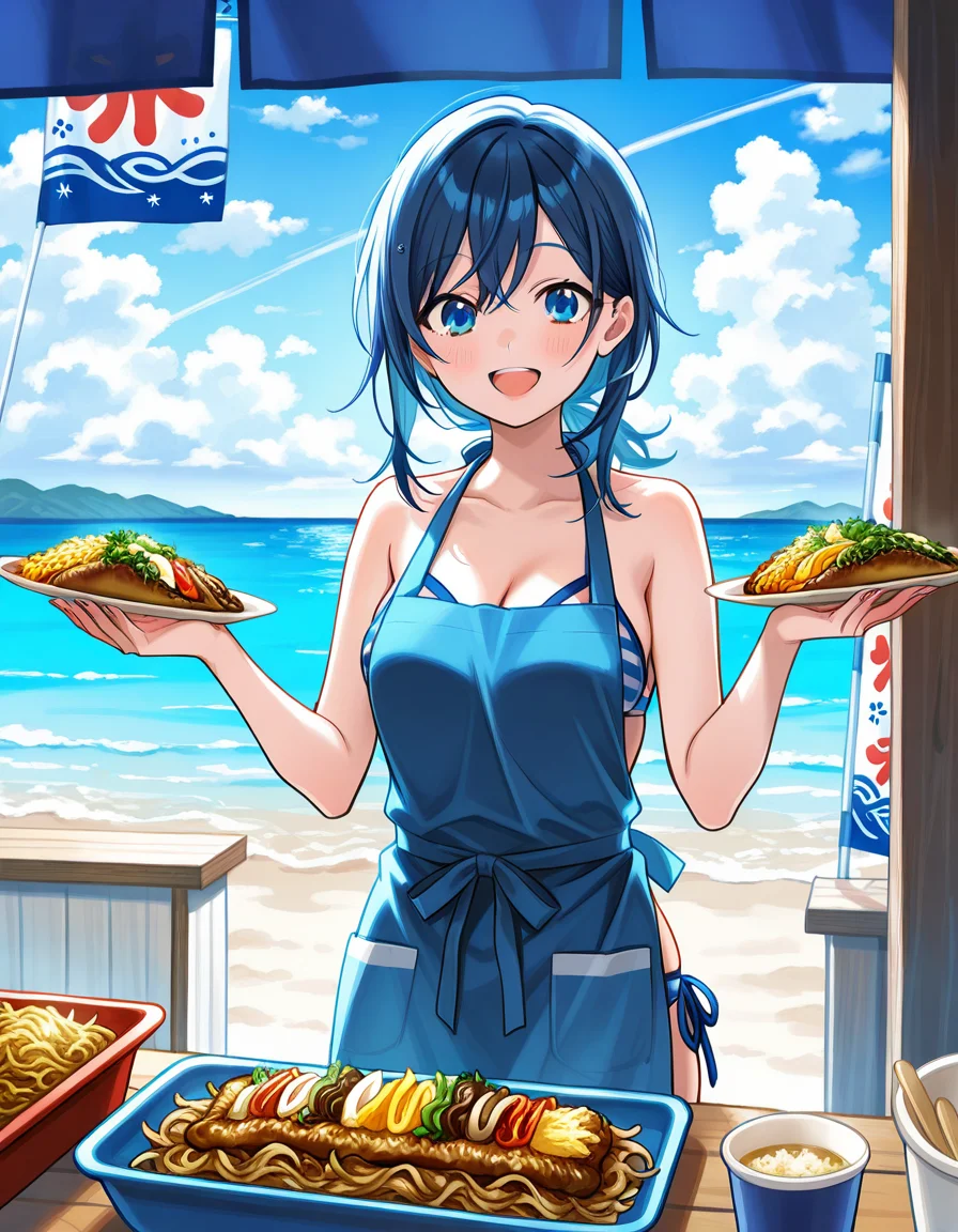 score_7_up, anime BREAK official art, solo, 1girl, one girl, 
<lora:uminoie:1>, uminoie, 
bikini, shop, day, apron, food, outdoors, open mouth, looking at viewer, smile, beach, ocean, sky, blue sky, cloud, banner flag, yakisoba, 
(masterpiece:1.3), best quality, high resolution, unity 8k wallpaper, extremely detailed CG, 8K, (watercolor \(medium\), muted color, sketch:1.1), perfect anatomy, highly finished, masterpiece, best quality, high quality, amazing quality, great quality, very aesthetic, ultra detailed, highres, absurdres, highly detailed, highly detailed background,