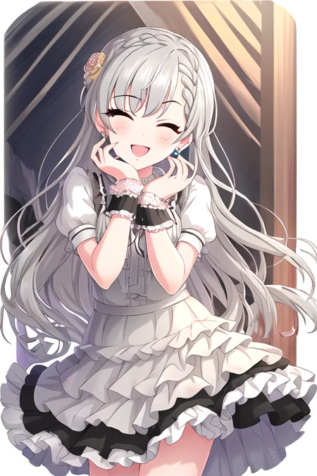 Hisakawa Hayate, jewelry, long hair, grey hair, bangs, earrings, braid, blue eyes,
1girl, ;d, asymmetrical bangs, banirou, blush, braid, braided bangs, breasts, flower, grey hair, hair flower, hair ornament, hand on own cheek, hand on own face, idol, layered skirt, leg ribbon, long hair, looking at viewer, medium breasts, one eye closed, open mouth, puffy short sleeves, puffy sleeves, ribbon, short sleeves, simple background, skirt, skirt hold, smile, solo, twitter username, very long hair, watermark, wavy hair, white background, wrist cuffs
<lora:deresute-000016:1>