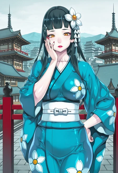 spring, japanese castle, detailed background, city,
solo, 1girl, milf, black hair, yellow eyes, pale skin, medium breasts, red lipstick, mascara, long hair, hime bangs, hair ornament,
blue kimono, japanese clothes, japanese white belt, white flower print,
cowboy shot, hand on face, hand on hips, good hands, contempt face,
<lora:xxFSxxIL-style:1>,xxfsxx,masterpiece,best quality,amazing quality,