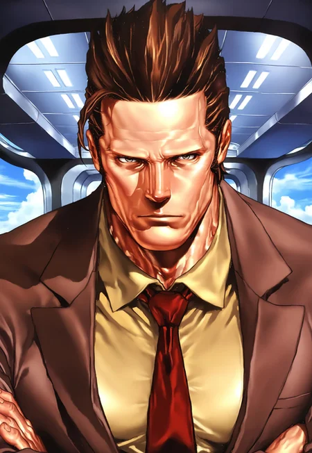 masterpiece, best quality, amazing quality, very aesthetic, absurdres, newest, gohheracilxl, jhunterilxl, 1boy, (brown hair, slicked back:1.1), mature male, tall, male focus, muscular, bulging muscles, sideburns, close up, portrait, upper body, arms crossed, pensive, brown suit, red necktie, yellow shirt, black shoes, airport