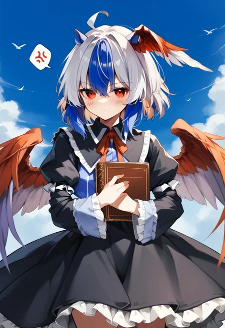 score_9, score_8_up, score_7_up, source_anime, TOKIKO (TOUHOU), TOKIKO REGULAR WEAR, 1girl, solo, looking at viewer, blush, short hair, bangs, skirt, simple background, red eyes, long sleeves, white background, dress, ribbon, holding, hair between eyes, closed mouth, blue hair, standing, purple hair, ahoge, white hair, multicolored hair, cowboy shot, frills, wings, horns, puffy sleeves, wide sleeves, black skirt, black dress, two-tone hair, red ribbon, book, neck ribbon, capelet, head wings, anger vein, feathered wings, cropped legs, holding book, petticoat, bird wings, red wings, spoken anger vein, tokiko \(touhou\)
