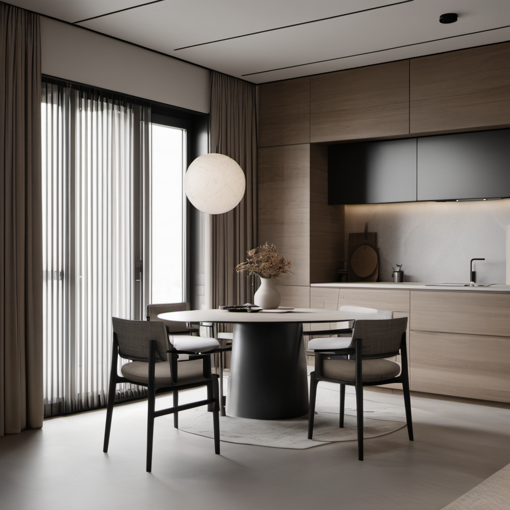 wd,wall panels,still life,windows,curtains,shutters,track lights,best quality,masterpiece,high quality,reality,realistic,ultra-fine,full details,8k,round dining table,chair,kitchen,dining room,electrical cabinet,refrigerator,