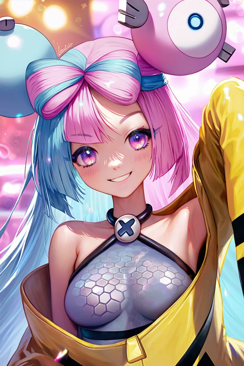 (ultra realistic, 32k, masterpiece:1.2), (high detailed skin:1.1), (high quality:1.1),score_9, score_8_up, score_8, medium breasts, cute, eyelashes, zzionopokemon, solo, 1girl, long hair, pink eyes, blue hair, pink hair, light blue hair, multicolored hair, bow-shaped hair, yellow jacket, smile, looking at viewer, upper body, bokeh, luminescent background, <lora:Iono_Pokemon_P1:0.6>, <lora:RealisticAnime:1>,