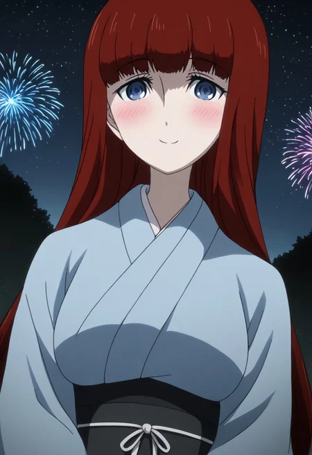 rating_safe, Ultra-high-detailed Anime illustration of Kagari Shiina from Anime Steins;Gate 0. 
The artwork features Kagari in a solo, standing position with a outdoors, flield, and night background. night time. night. stars.
She is depicted with intricate details showcasing her large breasts, natural_breasts. She is a white skinned, 22 years old woman. Kagari is looking_at_viewer with perfect_eyes, Her pupils are highly detailed. The eyes are open. blue eyes. Kagari's eyes are highlighted. Highlighted eyevrows. 
She has long hair, red colored hair, styled in blunt bangs and floating hair.
She is wearing a blue kimono and black shoes. japanese kimono, kimono.
The artistic style is intricate_details_xl with a focus on Anime art. The color palette emphasizes red and black with detailed strokes to bring out the character's features. The lighting creates dramatic shadows and highlights, adding depth to the artwork. The perspective is from a face focus, dutch angle to enhance the impact of the character's expression. This masterpiece is a true portrayal of Kagari's complex personality and will captivate any fan of Kagari. uncensored, upper body, blushing, smile, Kagari Shiina,
perfecteyes,
<lora:Steins_Gate:1>
kimono
happy new year!, Happy New Year fireworks, Happy New Years