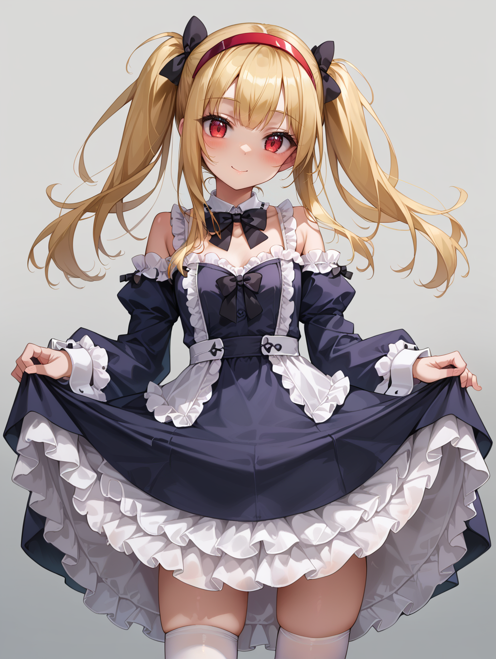 1girl, 
cowboy shot, solo, black dress, hairband, skirt hold, grey background, bowtie, frills, blonde hair, long hair, long sleeves, closed mouth, bow, twintails, red hairband, dress, standing, blush, black bow, very long hair, smile, thighhigh, bare shoulders, detached collar, black bowtie, wide sleeves, looking at viewer, frilled shirt collar, red eyes, petticoat, sidelocks, skindentation, head tilt, gradient background, white thighhighs,
she is wearing a black and purple dress with a ruffled collar and cuffs. the dress has a high neckline and long sleeves. the skirt of the dress is full and flows down to the floor. the girl is standing in front of a gray background with small white stars scattered around her. she appears to be dancing or posing for the photo.
score_9, score_8_up, score_7_up, source_anime
 <lora:style022-1:0.7>