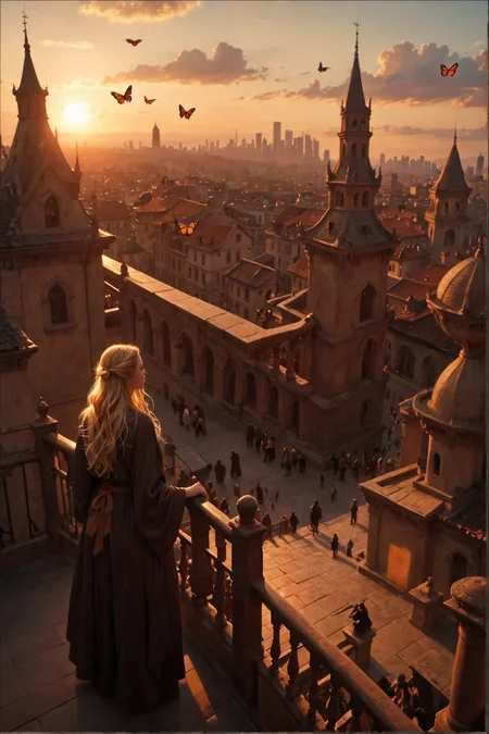 masterpiece, best quality, amazing quality, very aesthetic, absurdres, newest
scenery, city, people, cityscape, outdoors, sunset, sky, railing, long hair, sun, blonde hair, bug, cloud, robe, standing, rooftop, multiple others, fantasy, old, building, beard, butterfly, balcony, 6+others, old man, crowd, 1girl, stairs, architecture, tower, multiple boys, cane, twilight
<lora:EpicF4nta5yXL:0.5> <lora:add-detail-xl:1>