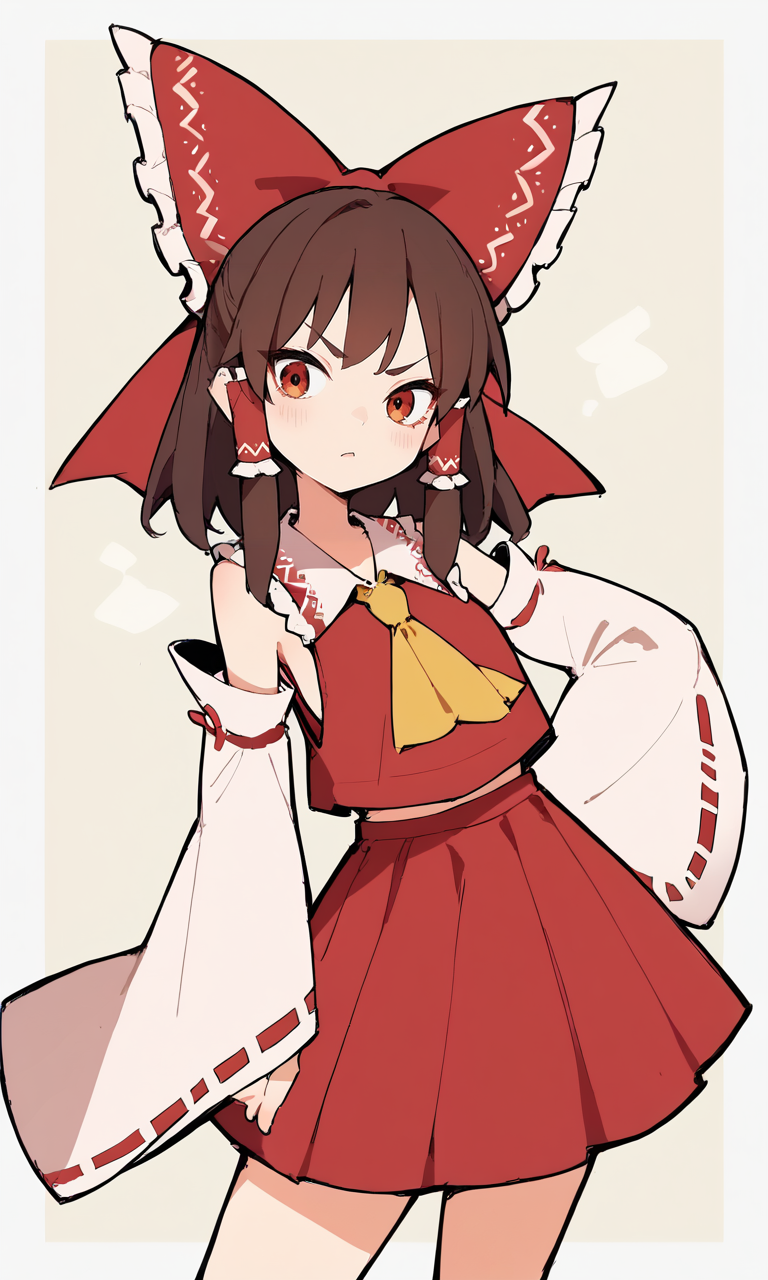 score_9, score_8_up, score_8, score_9, 1 girl,  source_anime, 1 girl,  hakurei reimu, brown hair, hair tubes, yellow ascot, detached sleeves, ribbon trim, red shirt, red skirt, white sleeves, red hair bow,  <lora:reimu_hakurei_pony-10:0.8>,  <lora:Eiken3kyuboy_Artist_Style_ponyXL-000018:0.8>