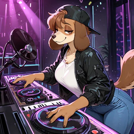 masterpiece, best quality, newest, absurdres, highres, furry, perfect anatomy, 4nn4h,1girl,solo,furry,furry female,a girl,dog ears,long ears,brown hair,short hair,brow eyes,snout,animal nose,body fur,brown fur,dog tail, indoors, club, nightclub, dj, disc jockey, playing music, white shirt, black jacket, blue pants, denim, backwards cap, backwards hat, happy, smiling, half-closed eyes, looking at viewer,
