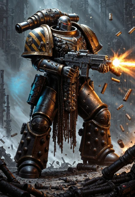 IronW40k. a heavily armored warrior in a futuristic, sci-fi setting. The character is clad in an intricate suit of power armor, predominantly metallic with gold and bronze accents, and adorned with various mechanical components and cables. The helmet is detailed with a visor, and the face is partially visible, showing a stern expression with a focus on the eyes. The skin tone is not clearly visible due to the helmet. The armor is equipped with a large, glowing weapon in one hand, emitting blue energy, while the other hand is firing a weapon with bright orange muzzle flash, surrounded by flying bullet casings. The background is a smoky, industrial environment, adding to the intense and dynamic atmosphere. The lower part of the image shows the character standing on a metallic surface, possibly a defeated enemy or vehicle. The overall color palette is dark and metallic, with bright highlights from the weapons and armor details.