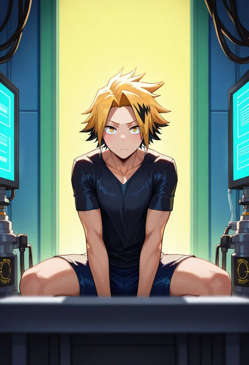 masterpiece, best quality, , , looking at viewer, depth of field, 1boy, solo, male focus, <lora:denki_kaminari_ilxl:1>, denki_kaminari, blonde hair, yellow eyes, short hair, spiked hair, multicolored hair, two-tone hair, black hair, streaked hair, tech lab, holo-displays, testing chambers, data cores, analyzing pose, concentrated expression, artificial lighting,