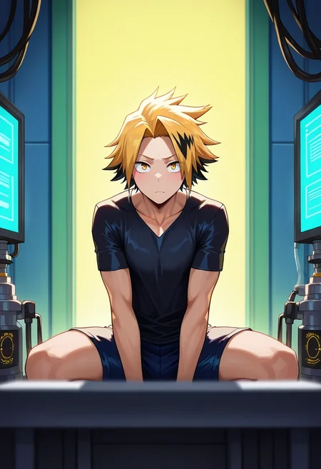masterpiece, best quality, , , looking at viewer, depth of field, 1boy, solo, male focus, <lora:denki_kaminari_ilxl:1>, denki_kaminari, blonde hair, yellow eyes, short hair, spiked hair, multicolored hair, two-tone hair, black hair, streaked hair, tech lab, holo-displays, testing chambers, data cores, analyzing pose, concentrated expression, artificial lighting,