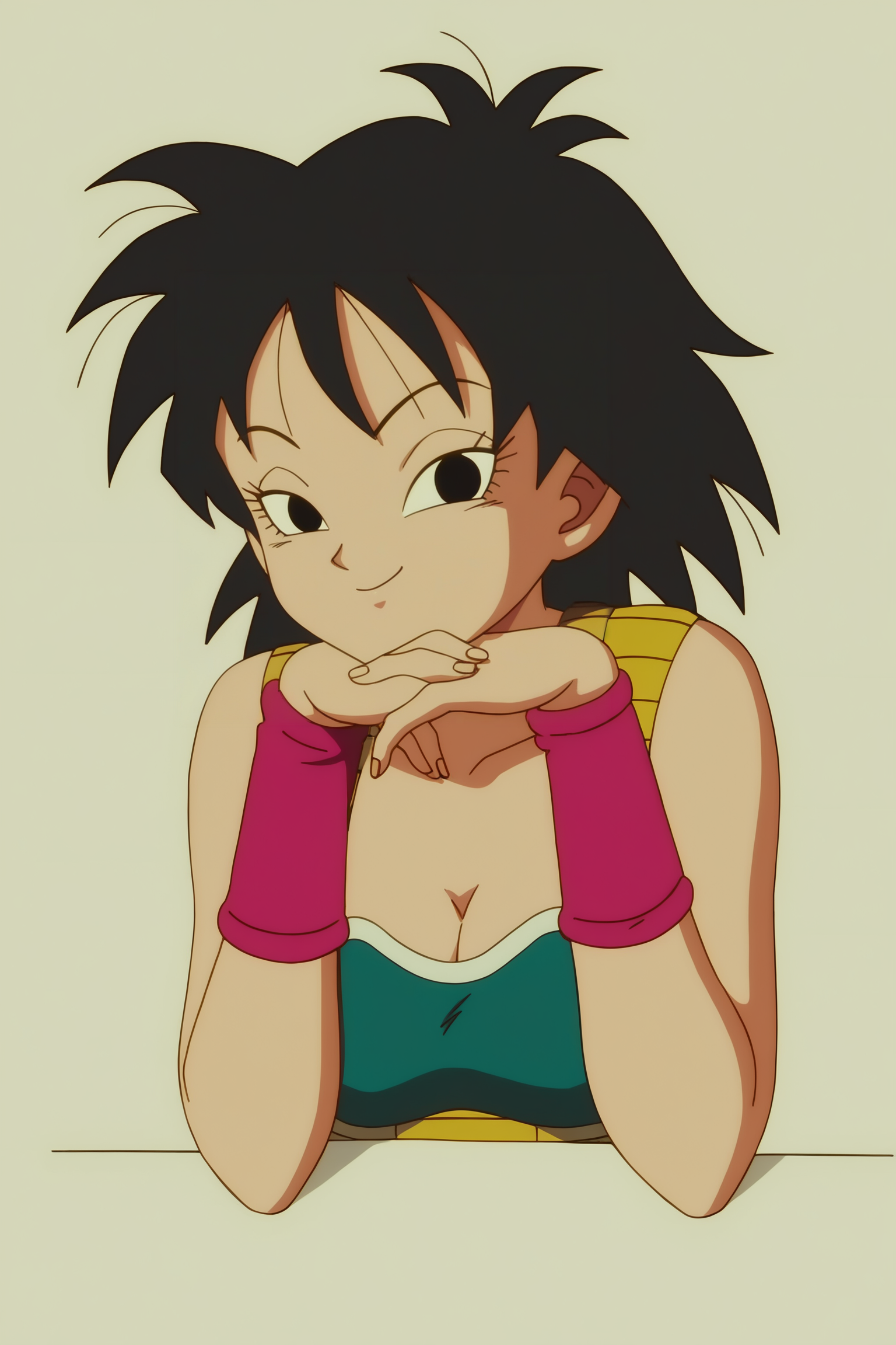source_anime, score_9, score_8_up, score_7_up, anime screencap, absurd res,
gine, official style, 1girl, solo, breasts, looking at viewer, smile, short hair, simple background, black hair, cleavage, bare shoulders, medium breasts, closed mouth, upper body, retro artstyle, 1990s \(style\), grey background, black eyes, fingernails, hands up, bare arms, eyelashes, half-closed eyes, happy, own hands together, spiked hair, pink wristband, interlocked fingers, head rest, elbow rest, saiyan armor, green saiyan armor, eyebrows, v-shaped eyebrows, white trim
 <lora:Gine_v1:0.8>