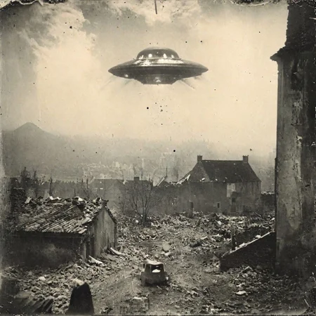 B&W 35mm vintage photo of a UFO in a WW2 picture, destroyed city backdrop