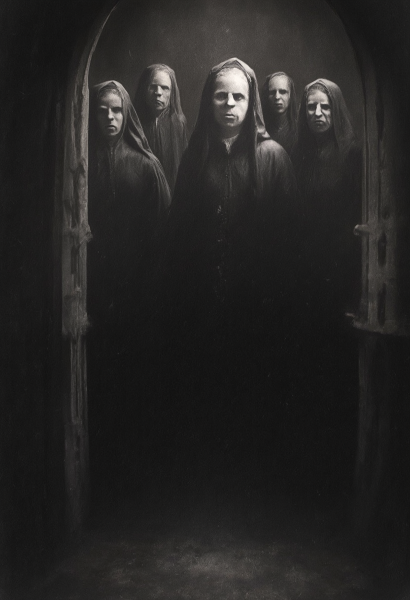occult, old photo, dark creepy, old nun, cloister, cathedral, black and white photo, dark, shadow, distorted, grainy, film grain, Victorian