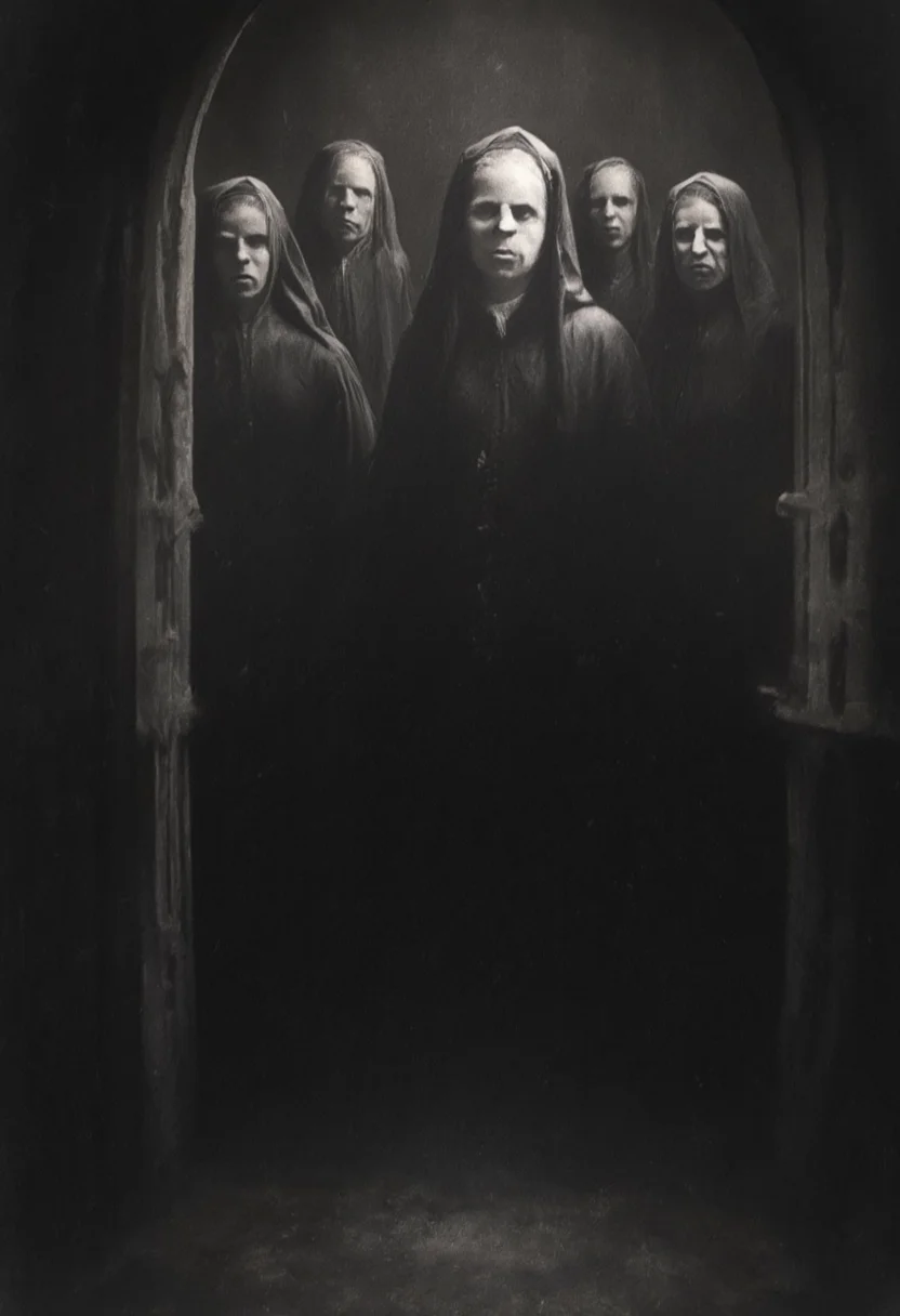 occult, old photo, dark creepy, old nun, cloister, cathedral, black and white photo, dark, shadow, distorted, grainy, film grain, Victorian