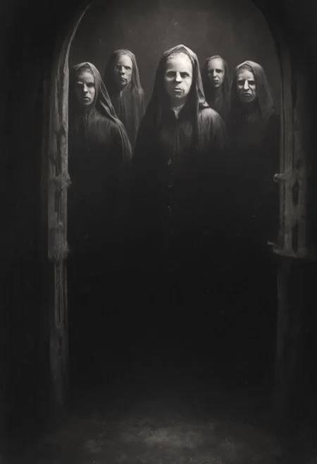 occult, old photo, dark creepy, old nun, cloister, cathedral, black and white photo, dark, shadow, distorted, grainy, film grain, Victorian