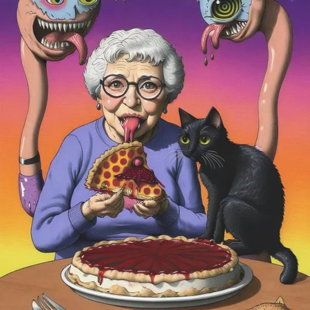 Surreal psychedelic bizarre, Grandma and the cat are eating pies, by JimmyAlonzo <lora:Jimmy_Alonzo:1>