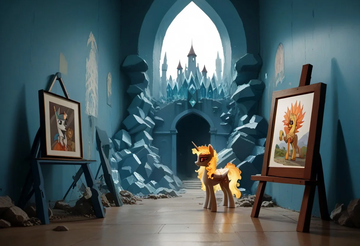 score_9, score_8_up, score_7_up, score_6_up, score_5_up, score_4_up, The dark side of Celestia, Daybreaker, alicorn pony, g5, rich colors, crystal castle, Crystal Empire, crystal heart in the center of the square, presents a painting of rabbits and pony, aroused, front view, detailed background, pony, solo, detailed, 8k quality, side view, beautiful, teasing, easel and brushes, leaned to the floor, free actions,