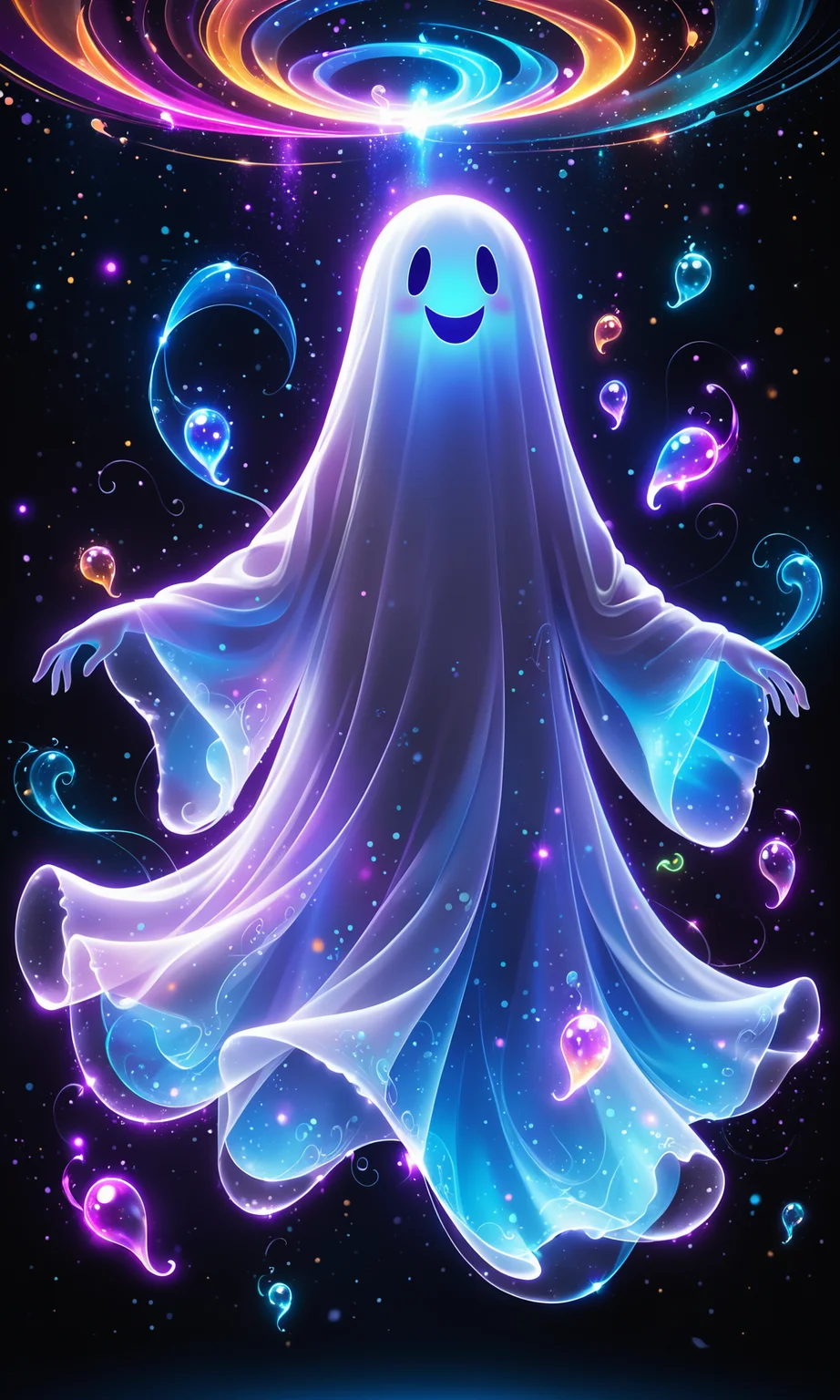 Playful covered ghost, glowing edges, colorful aura, whimsical design, vibrant colors, smooth textures, joyful ambiance, ultra-high resolution, gentle lighting, dark background, detailed character, cinematic shot, close-up view, medium shot, wide-angle shot, playful expression, floating particles, ethereal glow, happy atmosphere, balanced composition, dynamic pose, fluid movement, delightful character, fantasy theme