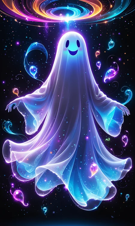 Playful covered ghost, glowing edges, colorful aura, whimsical design, vibrant colors, smooth textures, joyful ambiance, ultra-high resolution, gentle lighting, dark background, detailed character, cinematic shot, close-up view, medium shot, wide-angle shot, playful expression, floating particles, ethereal glow, happy atmosphere, balanced composition, dynamic pose, fluid movement, delightful character, fantasy theme