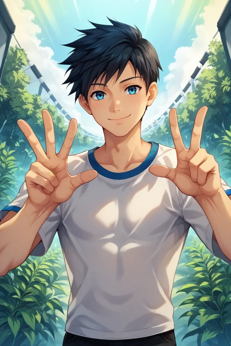 score_9, score_8_up, score_7_up, source_anime, rating_safe, , (photorealistic:0.6), , , 1boy, solo, male focus, <lora:natsumi_hamasaki_pony:0.98>, natsumi_hamasaki, black hair, blue eyes, short hair, , symmetry, energy plant, day, sunny, v, peace sign, smile, , <lora:sdxl_lightning_8step_lora:1>