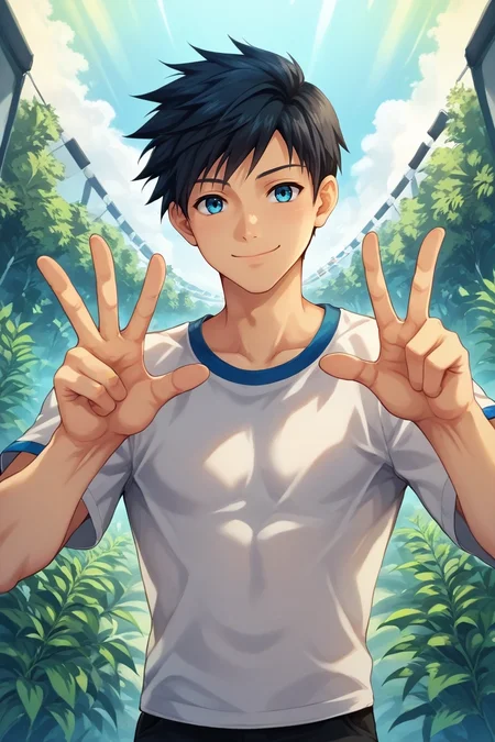 score_9, score_8_up, score_7_up, source_anime, rating_safe, , (photorealistic:0.6), , , 1boy, solo, male focus, <lora:natsumi_hamasaki_pony:0.98>, natsumi_hamasaki, black hair, blue eyes, short hair, , symmetry, energy plant, day, sunny, v, peace sign, smile, , <lora:sdxl_lightning_8step_lora:1>