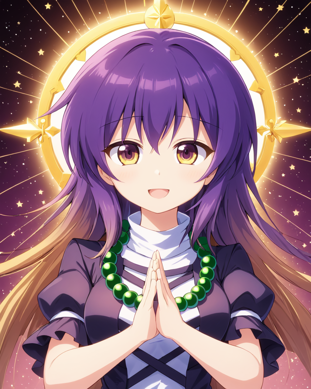 hijiri byakuren,1girl, solo, heart, own_hands_clasped, smile, open_mouth, prayer_beads, looking_at_viewer, symbol-shaped_pupils, medium_breasts, layered_dress, necklace, puffy_short_sleeves
<lora:hijiri_byakuren_image2907_2023-12-20:1>,star-shaped_pupils,symbol-shaped_pupils,. gorgeous,key visual, vibrant, studio anime,award-winning, professional, highly detailed,high budget, cinemascope