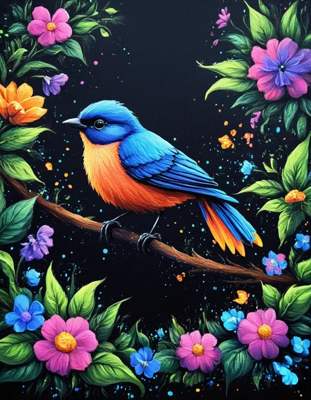 novuschroma49 style Bird Garden as a painting on black canvas <lora:novuschroma49 style_2:1>