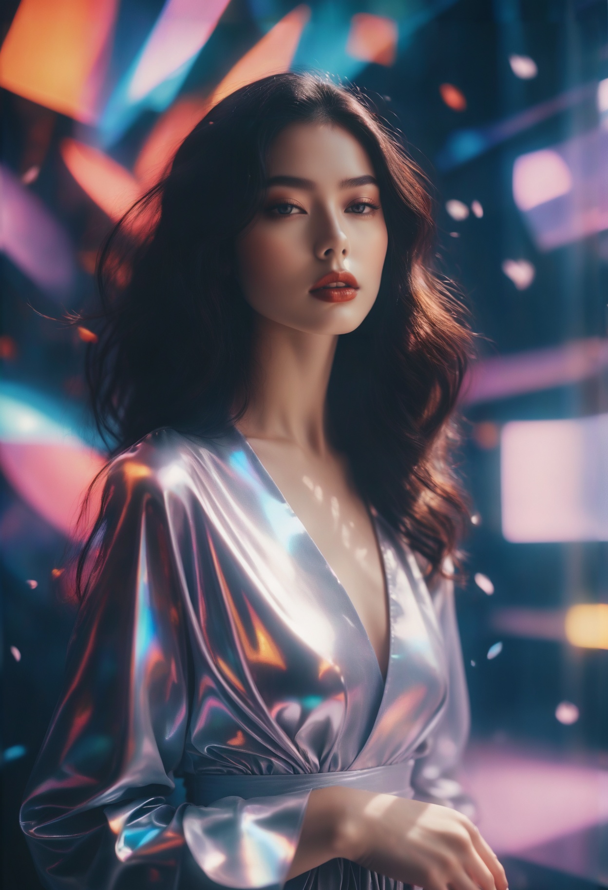 Constructivism aesthetics. fashion photoshoot, [ flowing petals, particles, pollen : a portrait of her beautiful face : 0.25].
holographic colors, stunning background. dark and moody, a mesmerizing blend of light and shadow. masterpiece, absurdres, intricate details. super Panavision 70 color film stock, beautiful cinematography, low contrast, balanced colors, 3 point studio lighting, high resolution, rich color palette, smooth tonality, film grain, soft focus and bokeh, dynamic range, (heibaigao) <lora:HEIBAI_WWM:0.8>