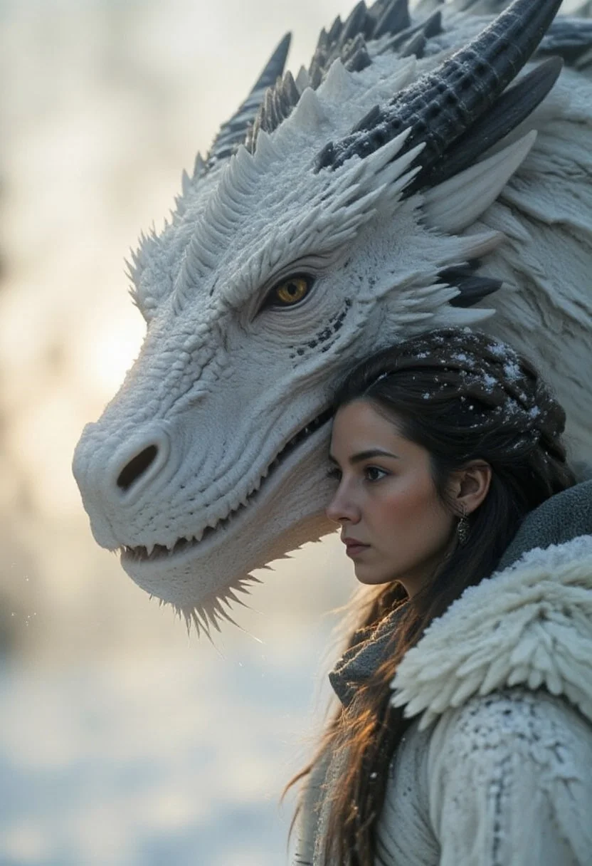 Her eyes, framed by thick lashes and brows shaped by the wind, gleam with calm determination, and her slightly parted lips shimmer with a hint of moisture from the cold air. Fine snow particles swirl around her, sparkling in the warm backlight like tiny stars. The camera, positioned slightly below eye level, emphasizes her quiet strength and mystique. Behind her—massive and half-shrouded in shallow depth—looms a white dragon. Its body is covered in thick, overlapping scales like cracked porcelain, matte in some areas and faintly iridescent in others. Along its spine and wings, the white gives way to charcoal-gray ridges and darker, mineral-like plates, as if its back had been forged from obsidian veins beneath glacier ice. The contrast gives the creature an ancient, elemental look. Its wings are folded close, massive and leathery, with a thin membrane that glows faintly where the sun filters through. Steam rises gently from its nostrils with each breath, curling upward and catching the light. Its head, regal and angular, carries scars of age and battle—faint grooves and rough textures etched across its jaw and brow. Its eyes are deep-set and amber-gold, with vertical pupils that glint with intelligence, locked on the woman not in aggression, but in quiet recognition. Snow clings to its horns and the edges of its wings, melting slowly from the creature’s warm body. ajnatubli