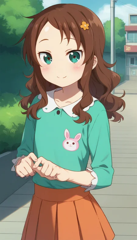 score_9,score_8_up,score_7_up,score_6_up BREAK official art,solo,outdoors,upper body,(portrait:1.5),looking at viewer,facing viewer,smile,blush,Riko Saikawa,female child,brown hair,long hair,curly hair,hair ornament,hair flower,hairclip,sidelocks,forehead,parted bangs,aqua eyes,collarbone,aqua shirt,animal print,bunny print,long sleeves,flat chest,orange skirt,pleated skirt,white socks,mary janes,green footwear,<lora:Riko Saikawa(mkdm)-Pony:1.4>,