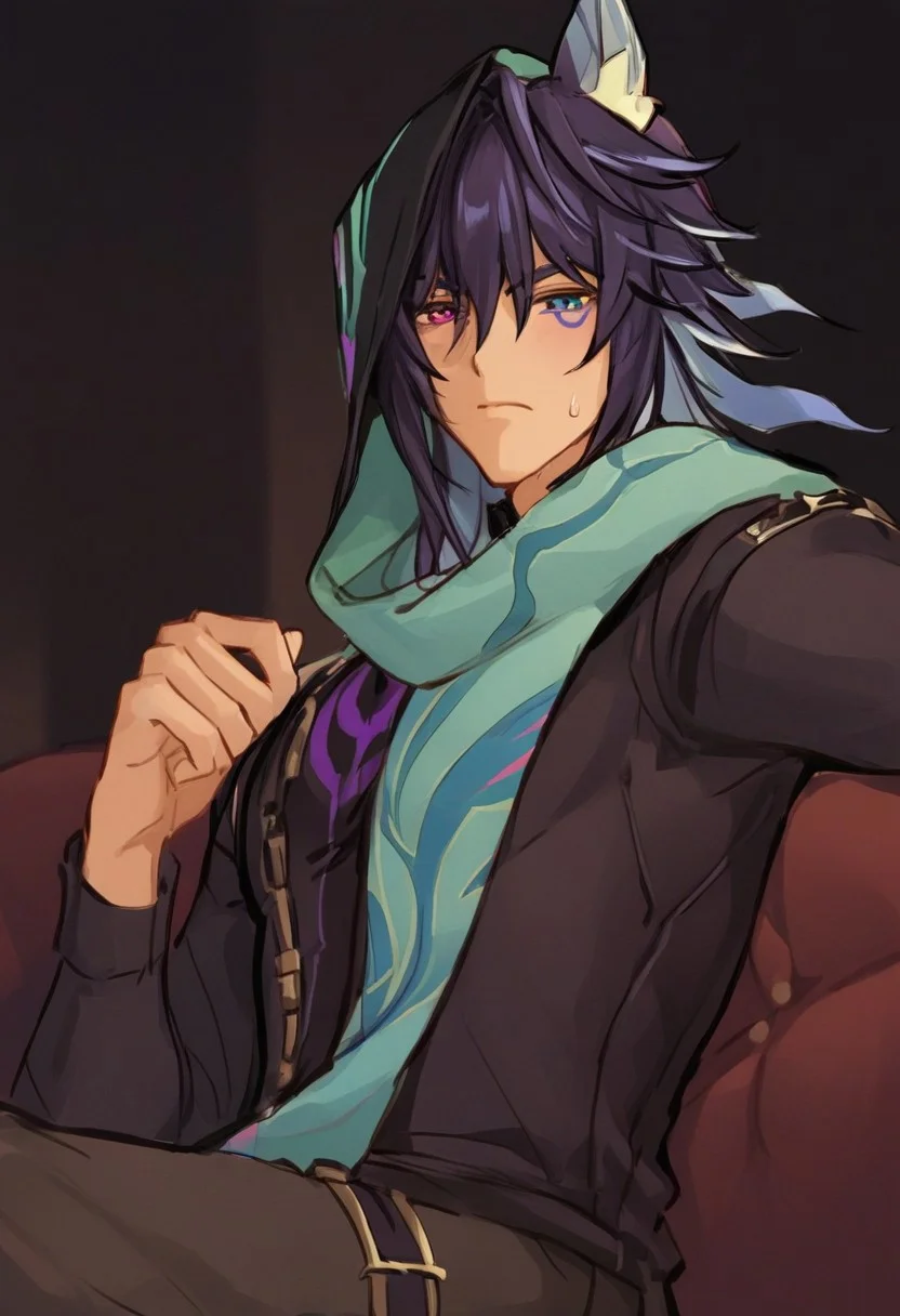 1boy, solo, male focus, animal ears, animal ear fluff, fox ears, ororon_(genshin_impact), black hair, spiky hair, messy hair, purple tint hair, green highlight, multicolored hair, wolf cut hair, hair between eyes, bangs, tan skin, Heterochromia, one green eye, one purple eye, facial marks, facial tattoo, fox boy, slim face, detailed eyes, satisfaction, satisfied, neutral, detailed face, slim face,
dark theme, intense shadow, intimidating, chest close to viewer, dark light, no light, dark out, shadow, 
casual clothes, sweaty hair, long sleeves, looking at viewer, from side view,
sweating, sweat, steaming, heavy breathing, front view, seductive, romantic, in a sofa, towel on shoulder, (lounging:1.1), relax
rating PG, score_9,score_8_up,score_7_up, source_anime, male focus, manly, tall, detailed eyebrow, sharp eyebrows, focus on thigh, thigh focus, random view