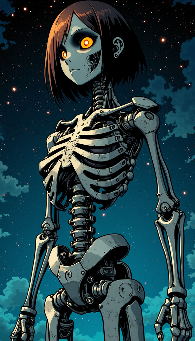 dreadmirthart, by Glen Angus, anime, Sharp focus of a Lifeless Ciri-The Terminator hybrid person, Stars in the sky, Very wide view, tonality, Heartwarming, Japanese mystery fiction, distorted, dark-blueish hue