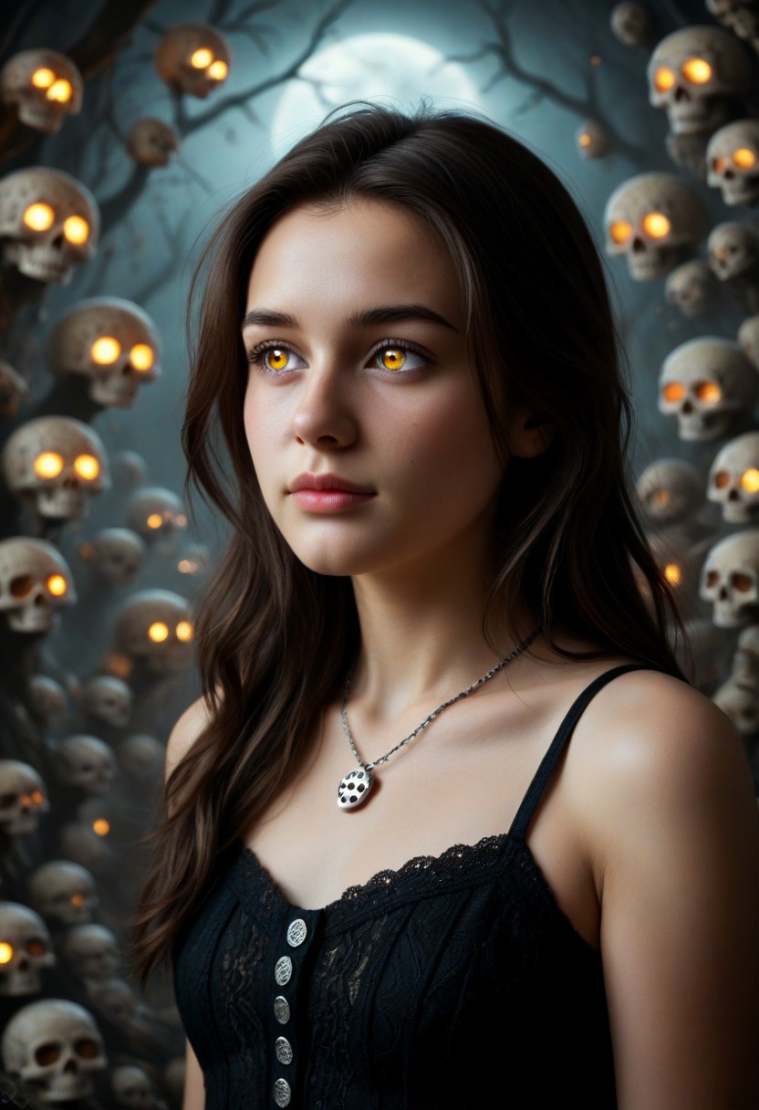 1girl, black dress, cowboy shot, dynamic view, no pattern dress, Hd, high quality, ultra realistic, detailed, slimes_skullwm, made of skulls, spooky skull background, light smile, PG, no teeth, portrait, looking afar, stoic, brunette, beautiful, necklace, glowing pupils, dim light