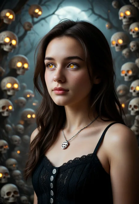 1girl, black dress, cowboy shot, dynamic view, no pattern dress, Hd, high quality, ultra realistic, detailed, slimes_skullwm, made of skulls, spooky skull background, light smile, PG, no teeth, portrait, looking afar, stoic, brunette, beautiful, necklace, glowing pupils, dim light